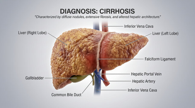 Anatomical 3D model of human liver showing advanced cirrhosis texture damage and fibrosis