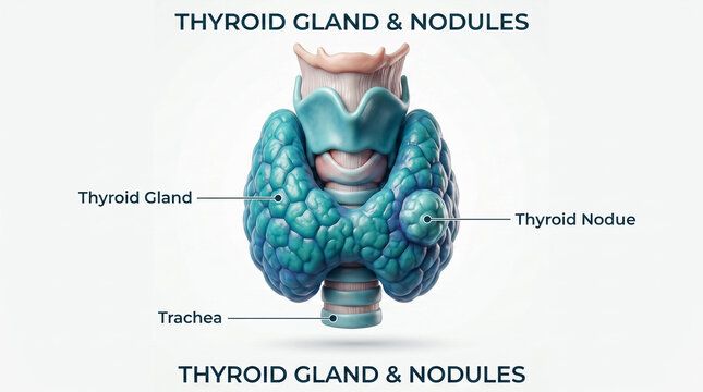 Anatomy of human thyroid gland showing nodules and goiter formation around trachea structure