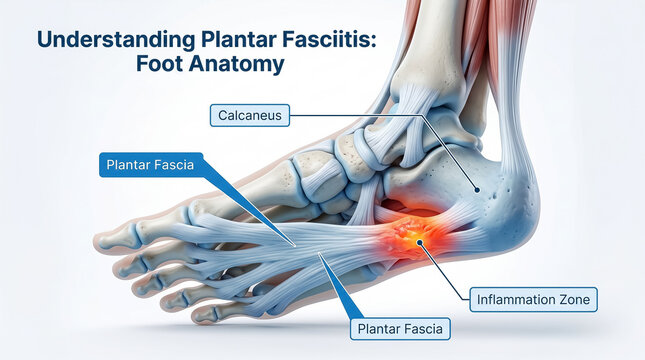 Human foot anatomy diagram depicting plantar fasciitis heel pain and ligament inflammation