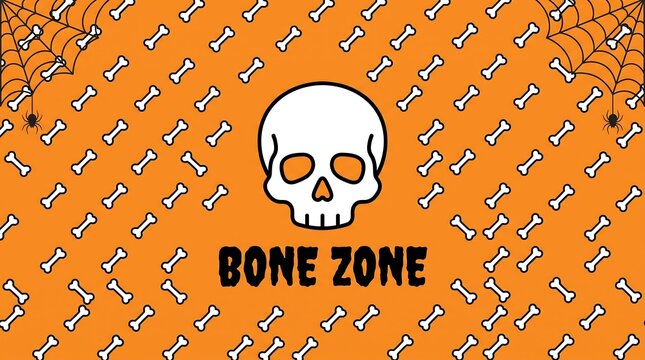 Skull graphic centered on vibrant orange background featuring a repeating pattern of small white bones and corner spider webs today