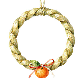 New Year Shimenawa Straw Rope Ring with Bitter Orange and Red White Mizuhiki Bow