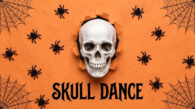 Realistic white human skull emerging from a torn orange paper background surrounded by black plastic spiders and hand drawn webs