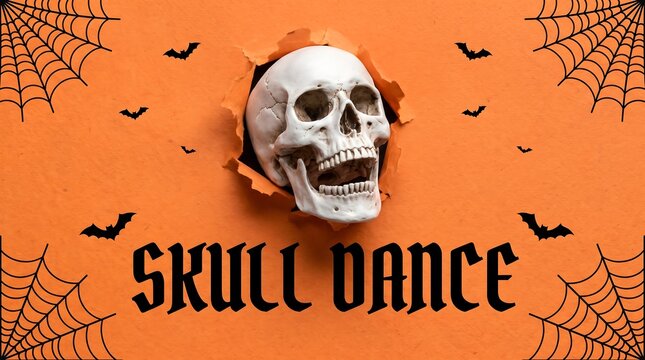 Realistic human skull emerging through torn bright orange paper background with dark bat silhouettes and spider webs for halloween celebrations