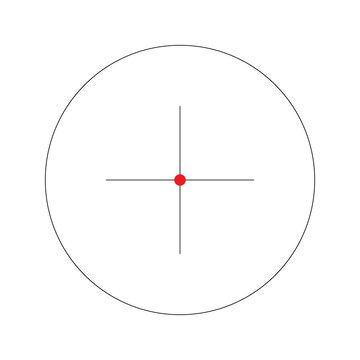 Black circular gun sight reticle with a small red dot center point for target shooting