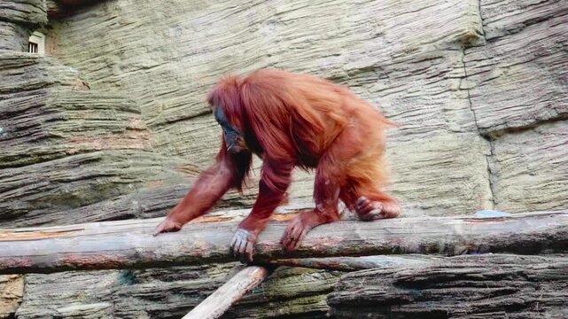 Red Bornean orangutan climbing on wooden logs in zoo enclosure. Side view of active orangutan moving on timber structures against rocky artificial background.