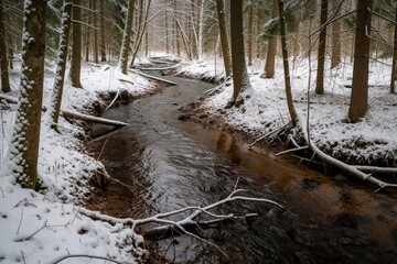 Naklejka premium Small wavy creek flows through snowy winter forest. Cold water stream runs between white snow covered ground, trees. Peaceful woodland landscape in Estonia shows icy nature scene with frozen wood,