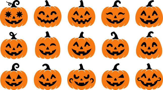 Set of fifteen different carved halloween pumpkins with various funny and scary facial expressions