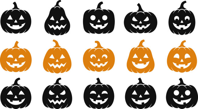 Set of various halloween pumpkin jackolantern silhouettes with different facial expressions