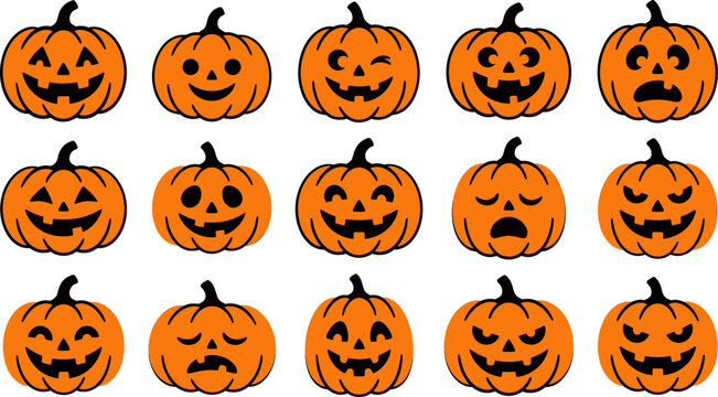 Set of cute halloween pumpkin jackolantern characters with various facial expressions