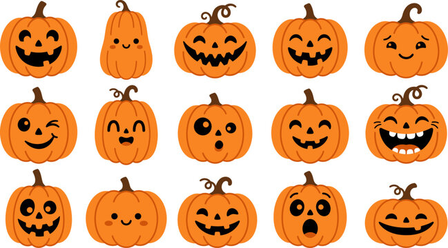 Set of cute cartoon halloween pumpkins with different funny faces
