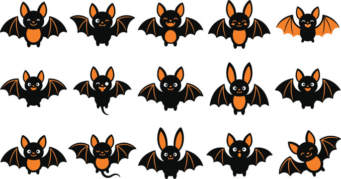 Set of cute cartoon bats with different emotions and poses for halloween