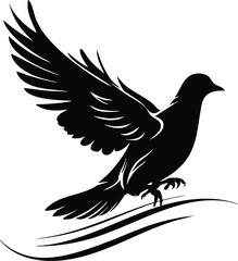 Fototapeta premium Dove bird flying with wings spread open on wavy lines, peaceful symbol.
