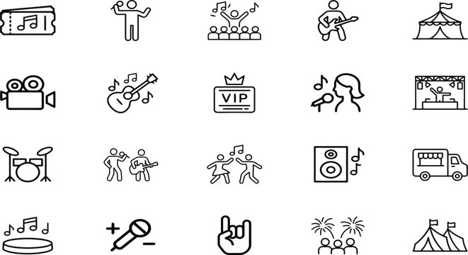 Live Music Festival and Concert Event Line Icons Vector SetLive Music Festival and Concert Event Line Icons Vector Set