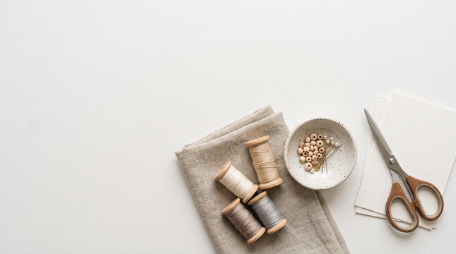 Sewing supplies including spools of thread, pins, and scissors on linen fabric