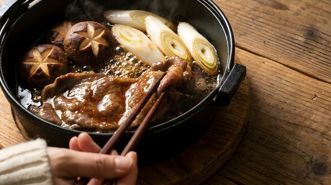 Person Cooking Wagyu Beef Slice With Chopsticks In Japanese Sukiyaki Hot Pot With Shiitake Mushrooms And Leeks