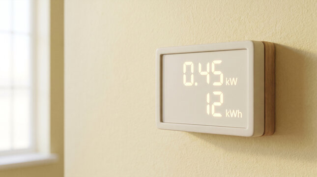 Digital energy meter displaying power consumption on a textured wall