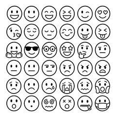 Fototapeta premium Simple outline smiley face icons showing various emotions and expressions including happiness sadness anger surprise and fear in a minimalist vector style