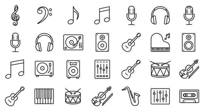 Music icons and musical instruments including guitar, microphone, headphones, speaker, drum, violin, and audio equipment in thin line style