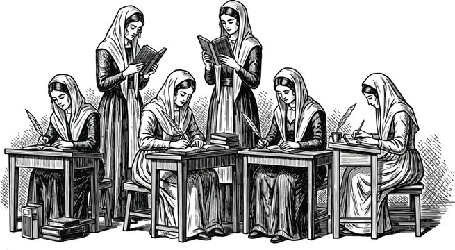 Medieval nuns in scriptorium a scene of scholarly devotion and religious life
