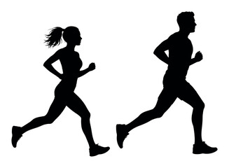 Naklejka premium Silhouette of a man and woman running together during an athletic workout session to improve fitness, health, and endurance