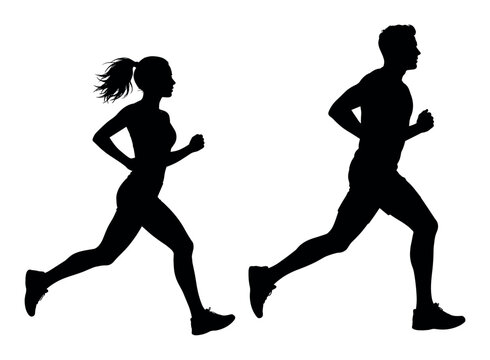 Silhouette of a man and woman running together during an athletic workout session to improve fitness, health, and endurance