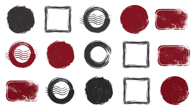 Grunge rubber stamp frames in various shapes including circles, squares, and rectangles with distressed textures for vintage design elements