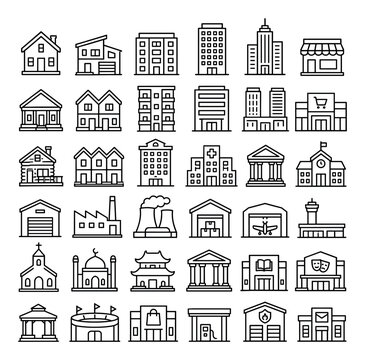 Building line icons representing various architecture styles including houses, offices, schools, hospitals, factories, and public facilities for urban planning and map design