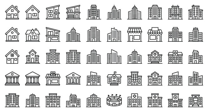 Building line icons set representing real estate, residential houses, commercial offices, skyscrapers, schools, hospitals, and public municipal structures