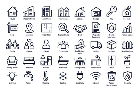 Real estate line icons representing property buying, selling, renting, home search, mortgage, and residential living concepts with clean black outlines