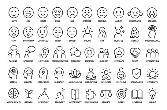 Mental health and emotion line icons set featuring various feelings, psychological states, communication symbols, and self-care concepts for therapy and wellness design
