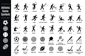 Naklejka premium Athletic game symbols and sports equipment icons representing various popular team and individual sports including soccer, basketball, tennis, golf, and hockey