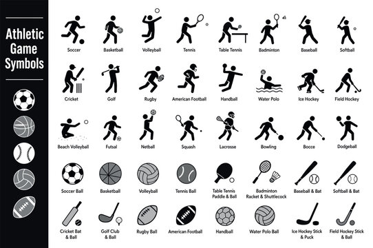 Athletic game symbols and sports equipment icons representing various popular team and individual sports including soccer, basketball, tennis, golf, and hockey