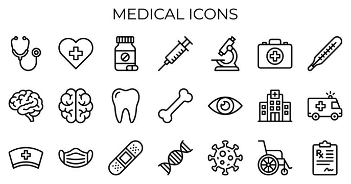 Medical icons set with healthcare line symbols including stethoscope syringe microscope first aid kit thermometer brain tooth bone hospital ambulance mask and wheelchair