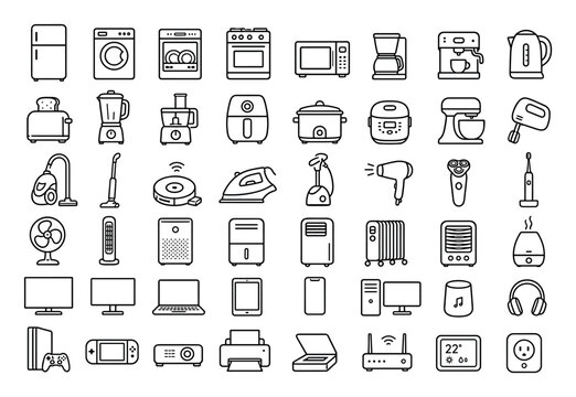 Household appliances and consumer electronics line icons set featuring kitchen equipment, smart home devices, entertainment systems, and personal care gadgets