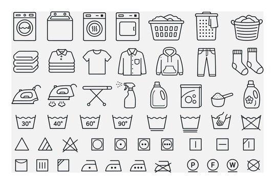 Laundry line icons set with washing machine, dryer, clothing, iron, detergent, and fabric care instruction symbols for garment maintenance