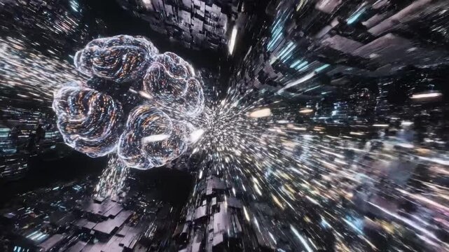 Flying inside artificial intelligence digital brain through data streams in a virtual space environment