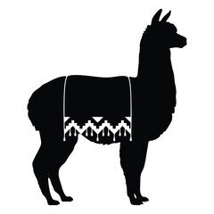 Naklejka premium A black silhouette of a llama with a decorated textile blanket silhouette