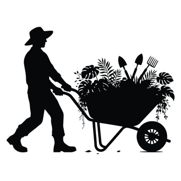 Gardener pushing wheelbarrow filled with plants and tools black silhouette gardening