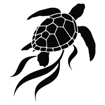 A black sea turtle gracefully swimming depicted as a striking silhouette