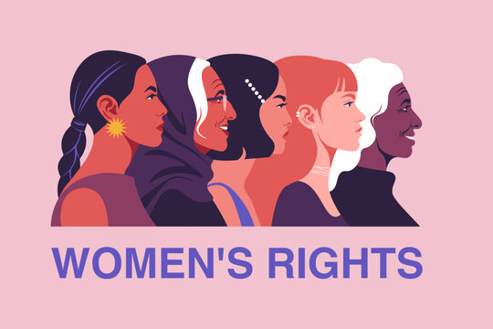 Five diverse women shown in profile side by side, varying in age, ethnicity, and style &mdash; from braided hair and hijab to gray hair and piercings. Flat vector illustration representing women's equality,