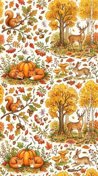 Cozy Woodland Autumn Animals Seamless Pattern