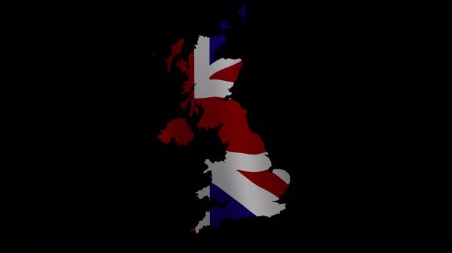Animated map of the United Kingdom filled with national flag colors, isolated with alpha channel for travel, geography, news and presentation projects