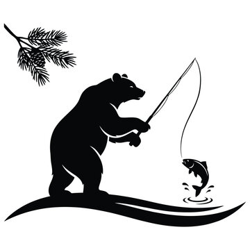 A black silhouette of a bear fishing with a leaping fish a scenic silhouette