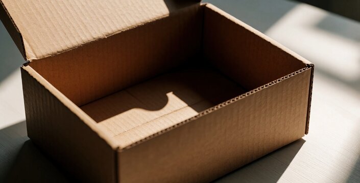 Empty brown cardboard box sits open on a light surface with soft shadows. Recycled material container ready for packing goods or storage. Simple unclosed package.