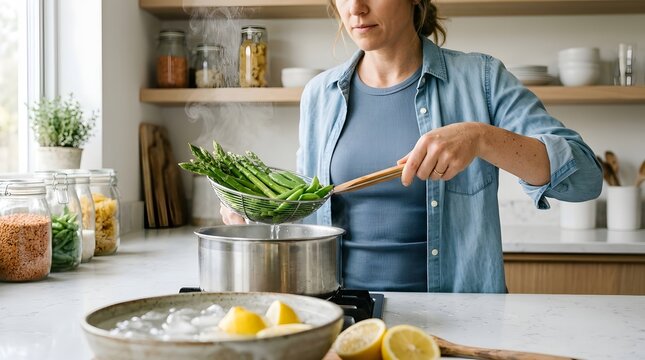 Woman Blanching Fresh Green Asparagus In Boiling Pot And Ice Water Bath In Bright Modern Kitchen