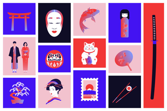 Set of Japanese culture icons. Flat vector illustration collection in a red, blue, and pink color palette representing Japanese tradition and culture.