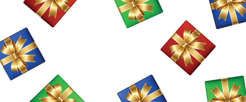 Gift box pattern with colorful presents and golden ribbons on white background festive celebration decorative design