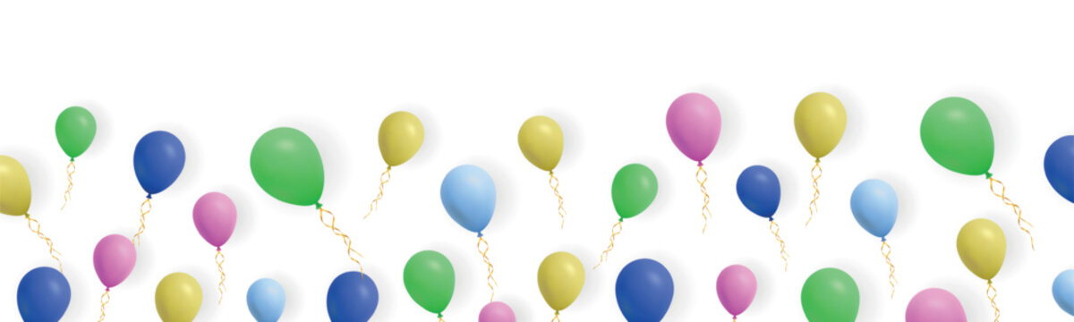 Colorful floating balloons border on white background. Realistic party celebration template