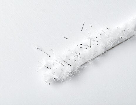 Delicate dandelion seeds along a soft diagonal on white paper, minimal natural abstract background