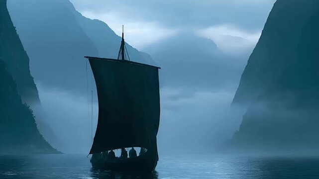 Europe medieval lifestyle. A vivid portrayal of a serene maritime scene. A large, darkcolored boat with a prominent, curved bow is anchored in calm waters. The boat is adorned with numerous figures.
